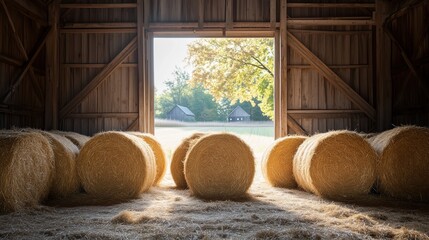 Golden hay bales are stacked inside a rustic barn