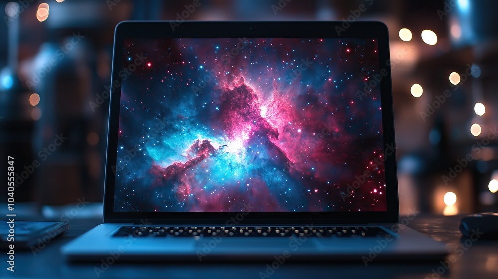 Poster laptop computer displaying colorful nebula, technology.
