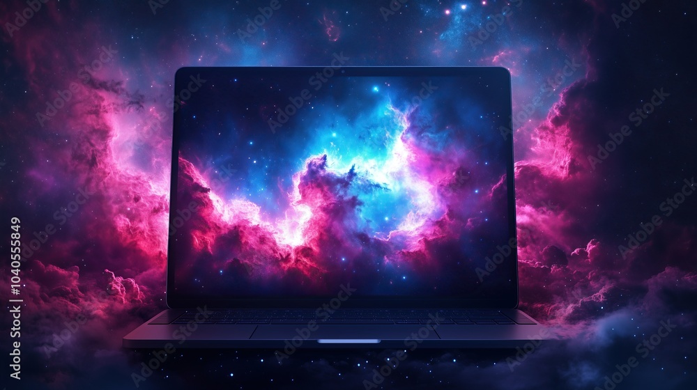 Poster laptop computer displaying colorful nebula, technology.