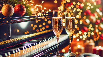 Holiday cheer fills the room with music, lights, and decorations.