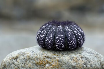 A black sea urchin with white dots rests on a gray rock.