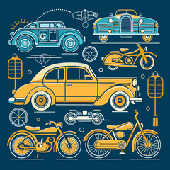 Vintage Vehicles Line Art