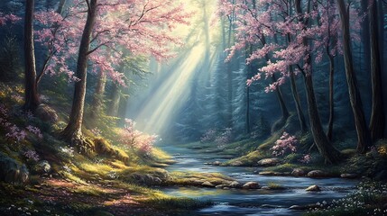 Obraz premium A serene spring morning in a forest with blooming cherry blossoms, a gentle stream, and sunlight filtering through the trees 