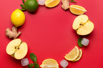 Frame made of ingredients for preparing lemonade on red background
