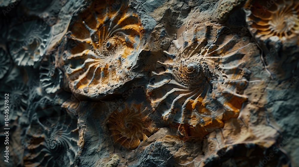Poster a close-up of ancient fossils embedded in cave walls, providing a glimpse into the prehistoric life 