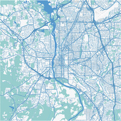 Map of Columbus in Georgia in a professional blue style. Contains layered vector with roads water, parks, etc.