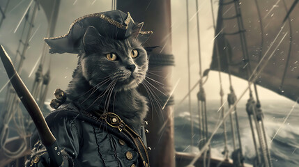 costume pet photoshoot, russian blue cat in pirate outfit on a stormy ship, resembling pirates of the caribbean movie look, in a movie still screenshot