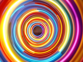 Dynamic shot of a woman jumping through a neon hoop in vibrant lights