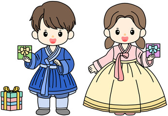 추석 설날 명절 한가위 한복 한복 입은 어린이 일러스트