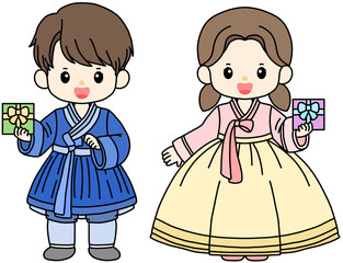 추석 설날 명절 한가위 한복 한복 입은 어린이 일러스트