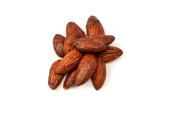 A group of caramelized almonds isolated on a white background.