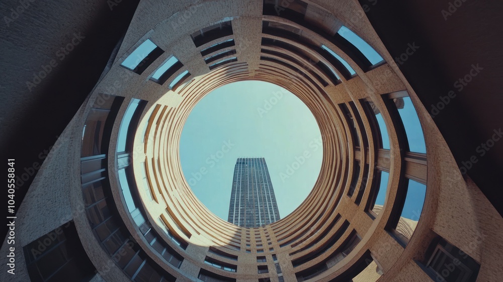 Poster a circular building opening to a blue sky with a skyscraper in the distance