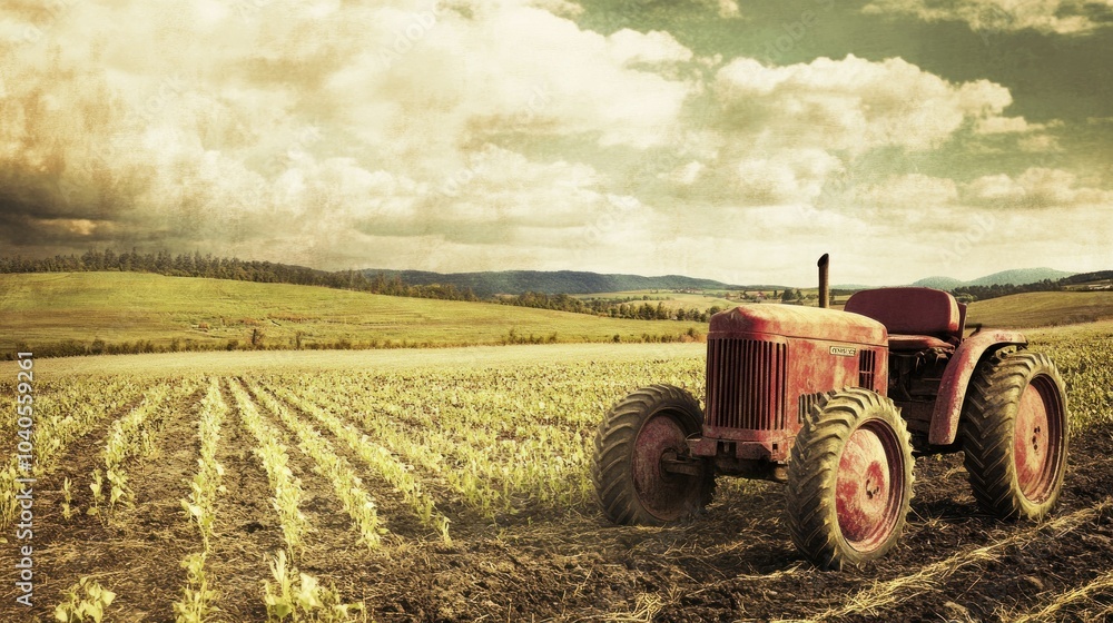 Poster a vintage red tractor in a field with rolling hills under a cloudy sky