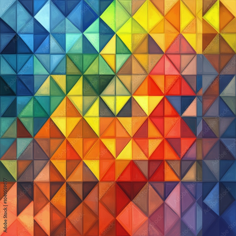 Poster colorful geometric pattern with gradient colors resembling triangular shapes in a dark background