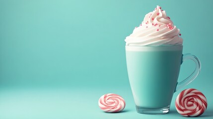 Whipped Cream Delight in Blue Mug with Candy Swirls on Mint Background