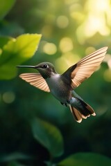 Fototapeta premium A hummingbird hovers delicately in a vibrant green garden during a sunny afternoon