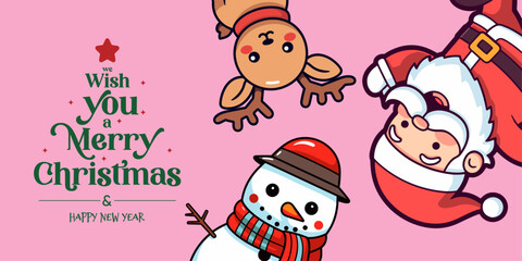 Santa Claus, Snowman, Reindeer - Winter Characters Christmas Banner, Christmas for Kids with Lettering
