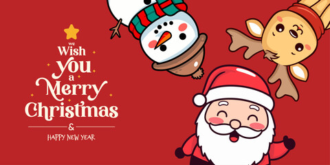 Christmas for Kids with Lettering - Christmas Banner with Winter Characters, Santa Claus, Snowman, Reindeer
