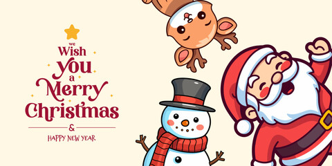 Winter Characters Christmas Banner - Santa Claus, Snowman, Reindeer, Christmas for Kids with Lettering
