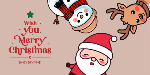 Santa Claus, Snowman, Reindeer - Christmas Banner with Winter Characters, Christmas for Kids with Lettering
