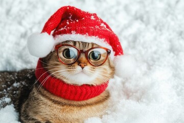 Cute cat wearing a Santa hat and glasses in snow