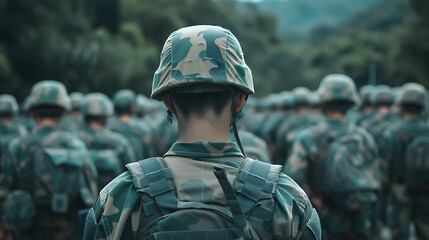military photography, professional photography of a group of tall, slender -year-old taiwanese male soldiers wearing full camouflage uniforms and combat helmets, captured from a realistic