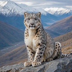 Fototapeta premium Amazing high resolution photos of a graceful, proud Altai snow leopard against the backdrop of the harsh Altai Mountains