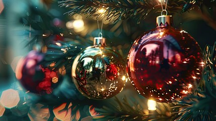 A close-up of Christmas tree ornaments reflecting the twinkling lights around them
