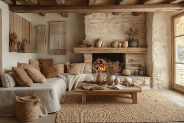 A cozy living room with stone walls, wooden beams, and white stucco walls.