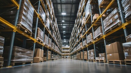 Fototapeta premium Organized Warehouse with Pallets and Clean Aisle View