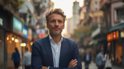 Obraz premium A confident businessman looks over the urban landscape, dreaming of new goals and business success. Copy space