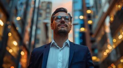 Obraz premium A confident businessman looks over the urban landscape, dreaming of new goals and business success. Copy space