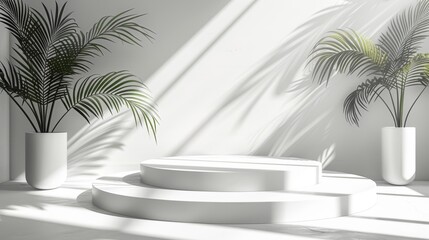 Fototapeta premium Abstract 3D white space, cylinder podium set, palm leaf shadows, elegant product showcase