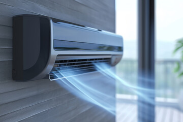 Wall-mounted air conditioner blowing cool air in a modern room