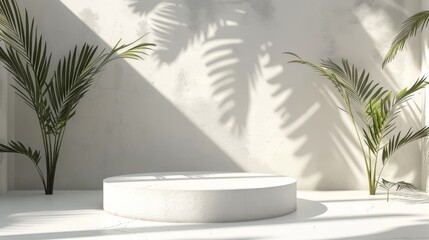 Obraz premium Abstract 3D white space, cylinder podium set, palm leaf shadows, elegant product showcase