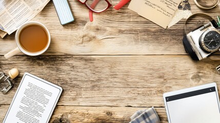 Workspace of a modern day blogger creating content on a wooden desk