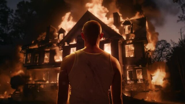 Silhouette Man Watching House Burn Dramatic Fire Destruction Dark Mystery Thriller