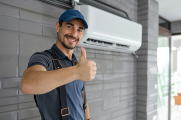 Smiling technician giving thumbs up next to an air conditioner unit