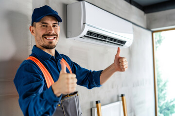 Technician smiling and giving double thumbs up near air conditioner