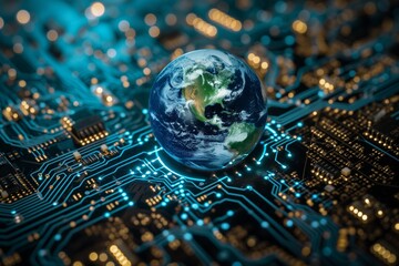 Globe on a digital circuit board representing global technology