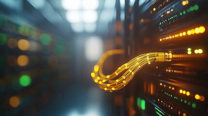Fiber optic cables connecting to server in data center