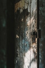 A forgotten wooden door reveals nature's shadows in an abandoned rustic space during daylight hours