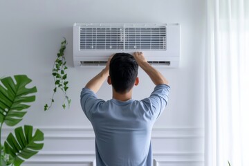 Man adjusting air conditioner in a minimalist interior with plants
