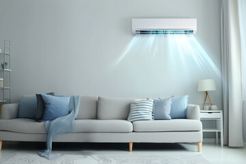 Air conditioner cooling a modern living room with soft blue accents