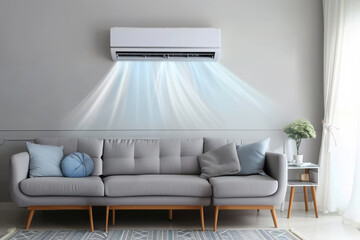 Air conditioner cooling a modern living room with a comfortable grey sofa