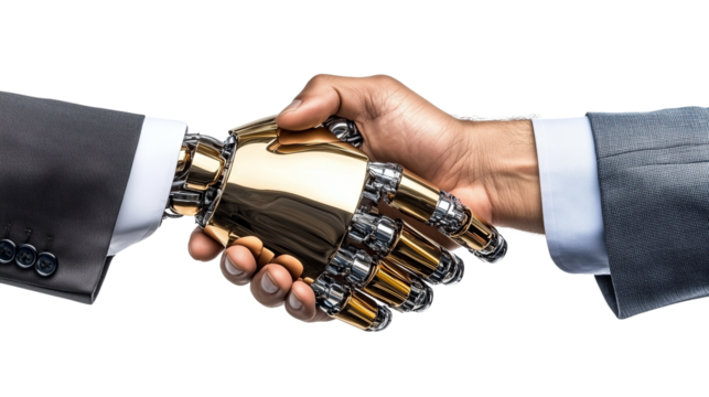 handshake between robot and human on white background.  A Futuristic Visi