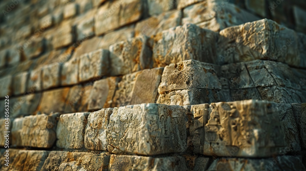 Poster a close-up of the weathered limestone blocks that make up the pyramid, showing the texture and ancie
