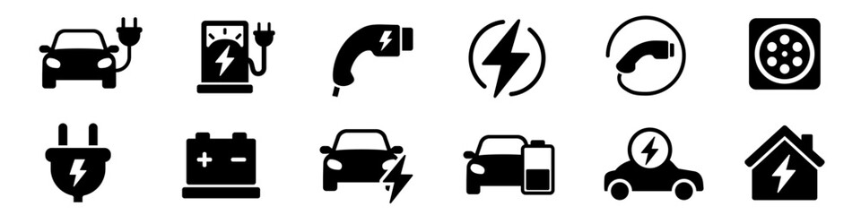Electric car icon set. Electric car charging icon.