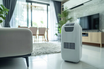 Living room with portable air conditioner and dining area in the background