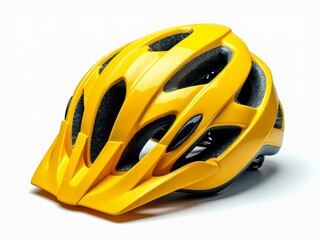 Fototapeta premium Bright yellow bicycle helmet with sleek aerodynamic design and black accents, captured on a clean white background for cycling safety gear